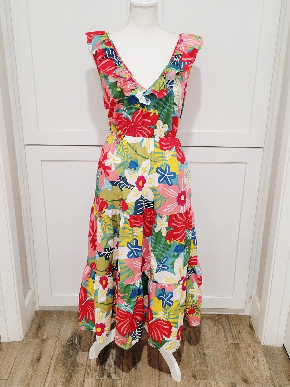 Colorful 100% Cotton Tropical Ruffle Neck Sleeveless Sundress | Size Large